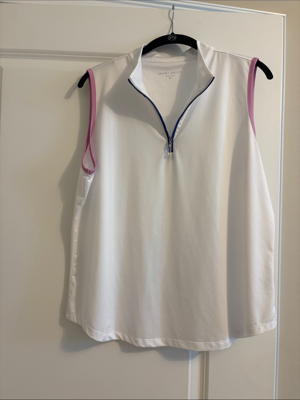 Sport Haley White Sleeveless Golf Tank with Pink Trim and Navy Zip
